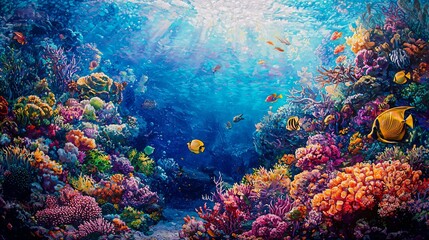 Obraz premium Vibrant Coral Reef Teeming with Colorful Fish and Marine Life, the Beauty of Aquatic Ecosystems and the Importance of Ocean Conservation, Saltwater Aquariums, Tanks, Kits, Nanos, Reeftanks Concept