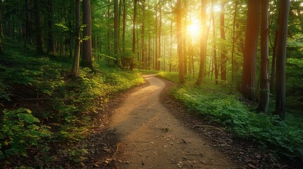 Obraz premium a path in the middle of the forest with morning sunlight