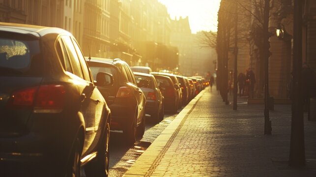 Scenic sunlit view row parked cars on busy city street in european city. Sidewalk parallel side parking full of vehicles traffic jam in downtown on warm sunset evening or sunrise morning