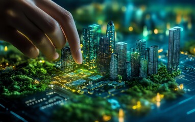 Obraz premium Architect designing a futuristic cityscape with towering skyscrapers, green spaces, and sustainable features, symbolizing ecofriendly architecture and innovation, dynamic lighting