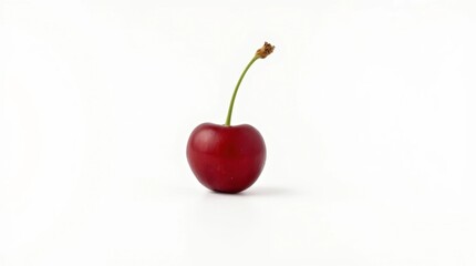 Single Bright Red Cherry Isolated on White Background