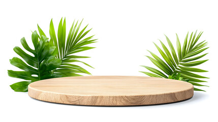 Wooden round stage podium with green palm leaves mock up isolated on white background