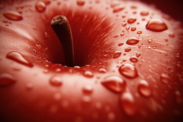 A close-up of a red apple covered in water droplets, showcasing its fresh and juicy appearance.