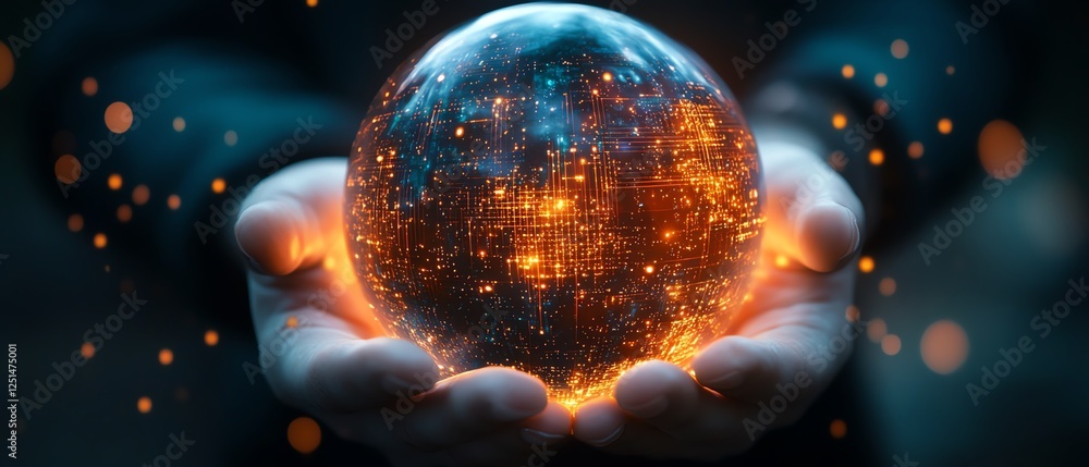 Poster closeup of a glowing digital sphere held by a person, detailed ai circuitry and data patterns, symbo