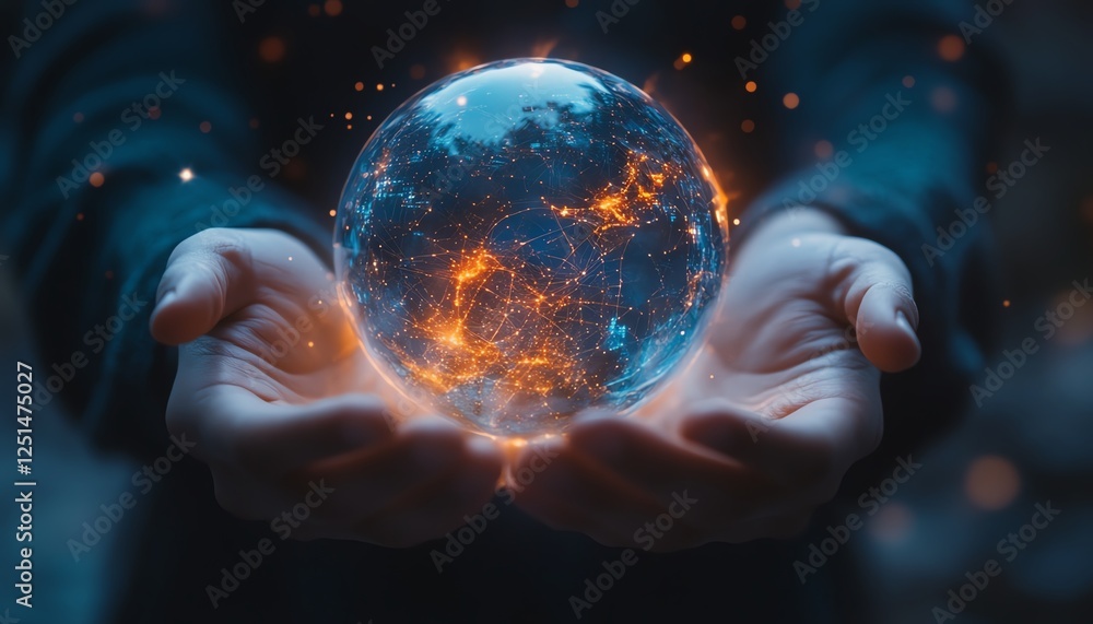 Poster closeup of hands holding a radiant digital sphere with floating data streams and holographic ai elem