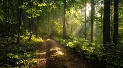 Fototapeta premium a path in the middle of the forest with morning sunlight