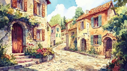 Fototapeta premium A painting of a small town with a cobblestone street and houses with shutters