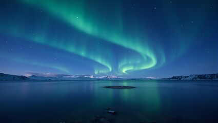 Soothing midnight blue landscape with delicate emerald and orchid auroras swirling around a serene untouched circular center