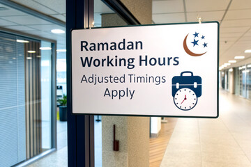 A sign indicating adjusted working hours during Ramadan, featuring a clock and crescent moon graphic for easy visibility.