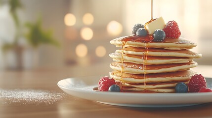 A stack of golden brown American pancakes, fluffy and inviting, perfect for breakfast or brunch imagery.