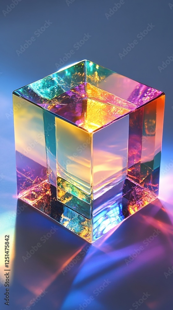 Poster iridescent cube reflecting light and color creating a mesmerizing optical illusion on blue