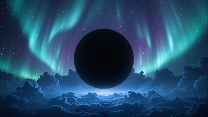 Captivating aurora borealis in mint and plum dancing around a mesmerizing black circle on a midnight blue background