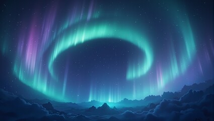 Mesmerizing aurora borealis in shades of emerald green and violet dance across a deep blue sky framing a captivating central void