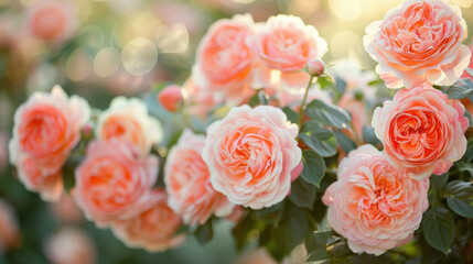 Obraz premium Close up shot of vibrant peach roses blooming in garden, showcasing their delicate petals and lush green leaves, creating serene atmosphere
