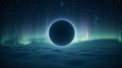 Obraz premium Tranquil midnight sky with gentle green and purple auroras highlighting a circular void Perfect for themes of serenity and magic