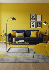 Vibrant interior design featuring a teal velvet sofa, yellow accents, and a mix of patterned textiles