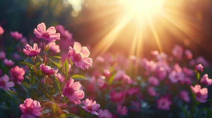 Obraz premium close up shot of vibrant pink peonies blooming in sunlit garden, radiating beauty and warmth