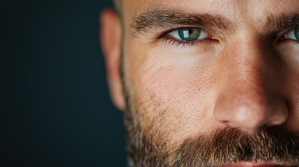 This striking close-up features a man with prominent green eyes and a well-groomed beard. The lighting enhances his facial features, creating a captivating aura