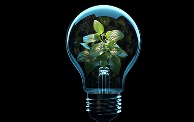 Light bulb with a sprouting green plant inside, glowing softly, representing sustainable energy and environmental conservation, fresh, vibrant, and photorealistic setting