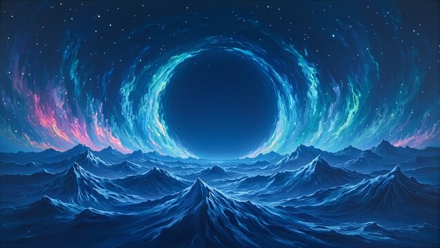 Tranquil midnight blue canvas adorned with teal and magenta auroras enclosing an untouched empty circle Ethereal and serene artwork