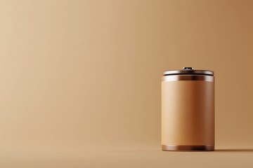 A single kraft paper cylindrical battery stands on beige surface