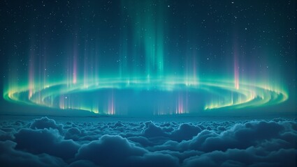 Explore the mesmerizing dance of yellow green and violet auroras against a cosmic blue backdrop surrounding an enigmatic void
