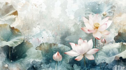 Obraz na płótnie Canvas Beautiful lotus flowers in various stages of bloom are showcased amidst large green leaves on still water. The soft colors create a peaceful and serene atmosphere