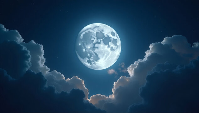 Captivating full moon illuminating clouds and stars in night sky, sky with moon and clouds