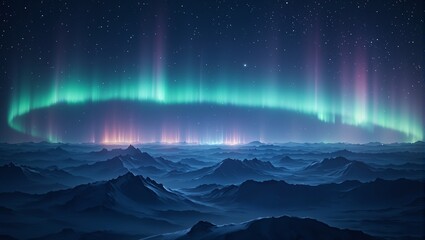 Naklejka premium Majestic aurora borealis in deep blue sky ethereal green and pink lights swirling enchantingly in a circular formation