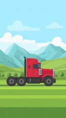 Red truck on grassy road, mountains in background. Illustration
