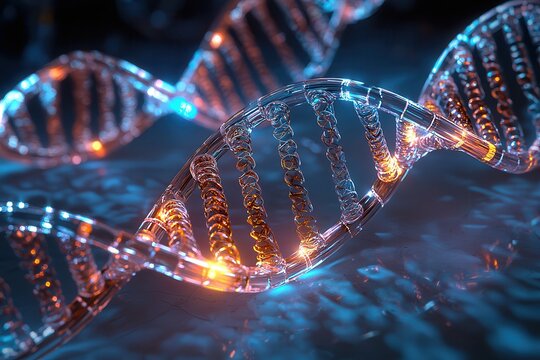 DNA helix: The foundation of biological innovation. 3D rendered DNA strands with glowing elements in a dark background. - Powered by Adobe