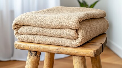 Beige Knitted Throw Blanket On Rustic Wooden Stool