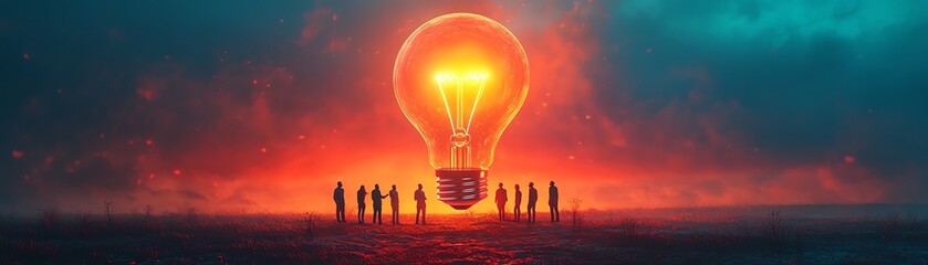 Surreal scene of a massive light bulb shining above a team collaborating, symbolizing creativity, innovation, and teamwork in finding solutions, bright neon colors, high detail