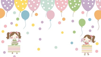 Children with colorful balloons and confetti; celebration; party; possible use print or web design