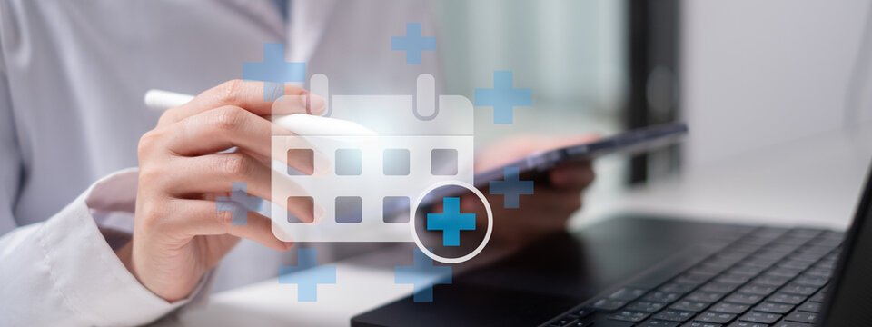 Professional medical worker doctor physician in white coat scrub calendar event appointment reminder concept