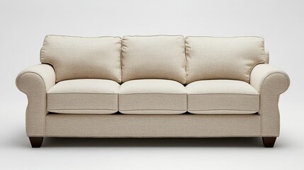Beige Upholstered Sofa with Three Cushions on Neutral Background