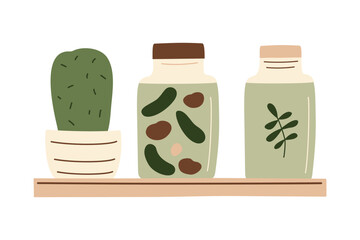 Canned food and cactus on shelf in a row. Meal preserved in a glass jar from supermarket or farmer market in zero-waste packaging for eco-friendly design. Vector illustration in organic flat style.