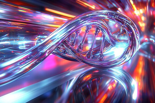 DNA helix: The foundation of biological innovation. Abstract DNA model with vibrant light trails in a futuristic setting.