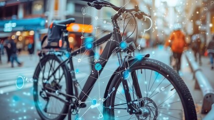 Smart bicycle equipped with futuristic AI technology displayed in urban street. Digital interface hologram overlays bicycle design innovative, eco-friendly features for modern mobility solutions.
