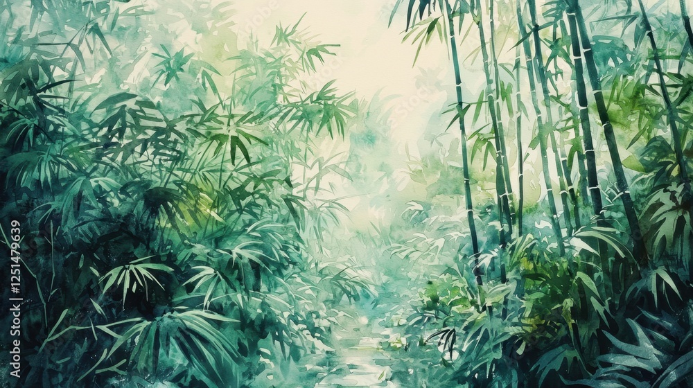 Poster sunlight filters through the dense foliage of a bamboo forest, casting gentle shadows on the ground.