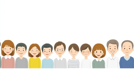 Obraz premium Diverse group of people, smiling, standing in a row, background is blank; use for social communication, diversity studies