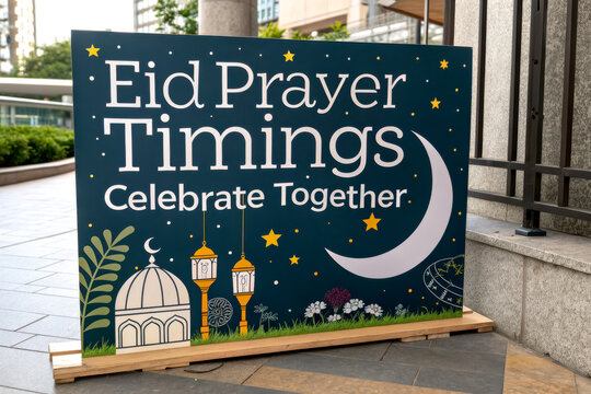 A colorful sign displaying "Eid Prayer Timings" with decorative elements, inviting people to celebrate together during Eid festivities.