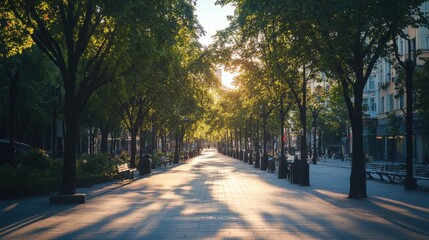 Obraz premium A tree lined street with a bench and a few people sitting on it