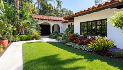 Obraz premium Neatly manicured front lawn with vibrant plants and tropical landscaping
