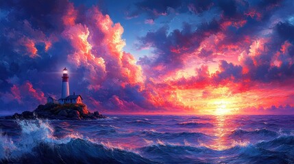 Fototapeta premium Coastal Lighthouse at Sunset with Dramatic Clouds