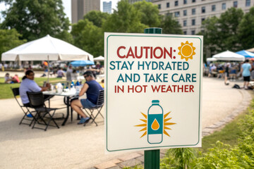 A sign reminding people to stay hydrated and take precautions during hot weather, with a park setting and people enjoying the outdoors in the background.