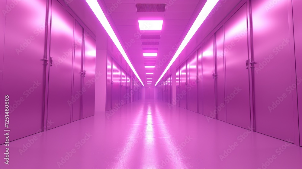 Poster sleek corridor of a futuristic data center illuminated with purple ambient lighting. ultra-modern sp