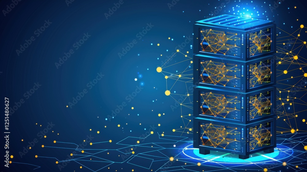 Poster stacked data servers highlighted with glowing network connections. futuristic data center emphasizes