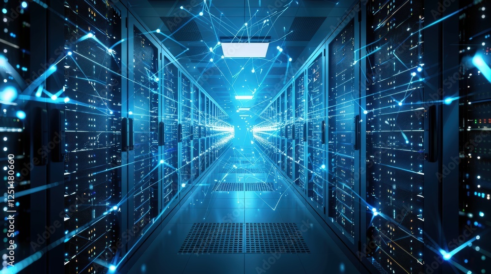 Poster ai-powered data center hallway filled with glowing blue network lines. high-tech environment showcas