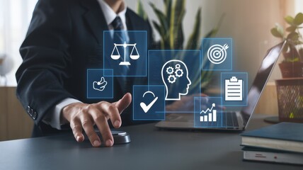 Businessman Working on a Laptop with Holographic Icons, Digital Business Strategy,  Innovation and Technology Concept